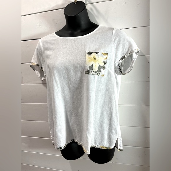 L’INDICE White Linen Blend Top with Floral Trim – Size L - Picture 10 of 10